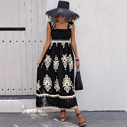 Women's Maxi Dress – Cotton – Loose Fit – Bohemian Pattern – Straps with Ruffles