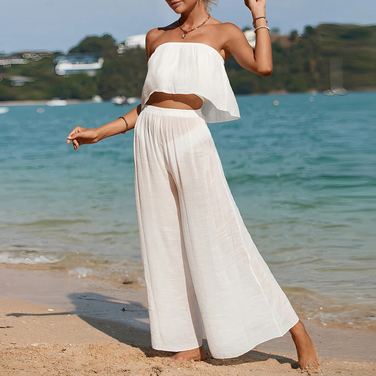 Women's two-piece set – strapless top – wide pants – lightweight breathable fabric