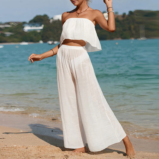 Women's two-piece set – strapless top – wide pants – lightweight breathable fabric
