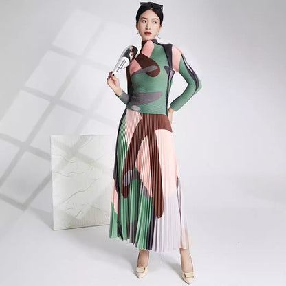 Women's Dress Set – Fitted Top with High Neck – Pleated Midi Skirt – Elastic Fabric