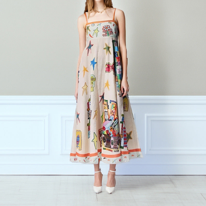 Dress for Women – Maxi A-line – Spaghetti Straps – Cotton – Artistic Print