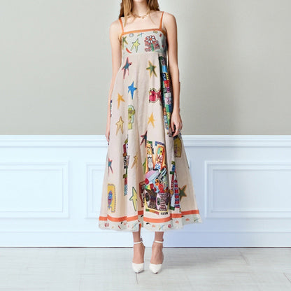 Dress for Women – Maxi A-line – Spaghetti Straps – Cotton – Artistic Print