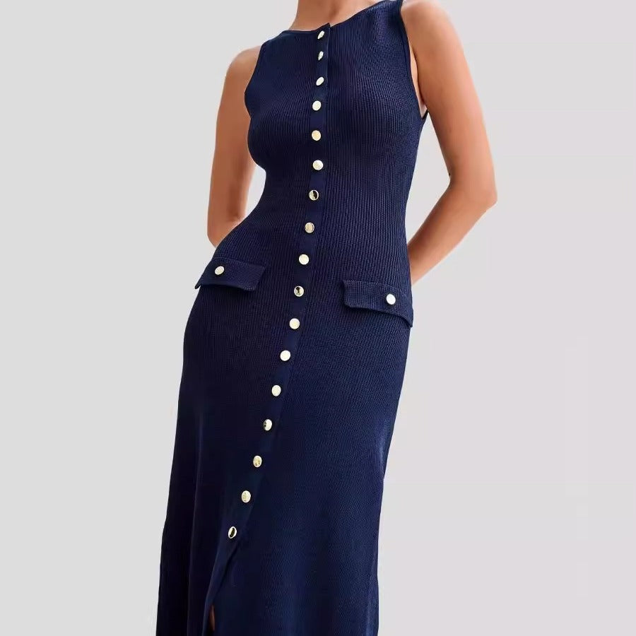 Dress woman – Knitted midi – Slim fit – Sleeveless – Buttons and pockets