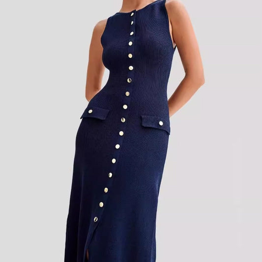 Dress woman – Knitted midi – Slim fit – Sleeveless – Buttons and pockets