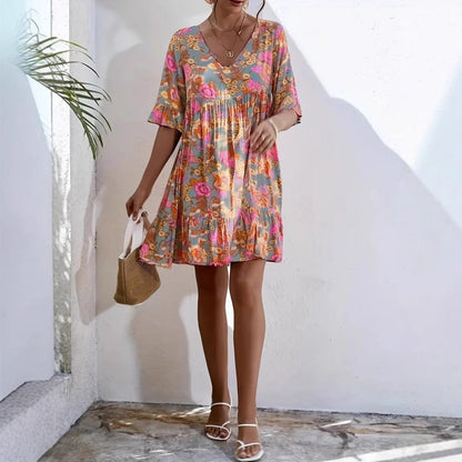 Women's Bohemian Dress – Loose Fit – V-neck – 3/4 Ruffle Sleeves – Floral Pattern – Cotton