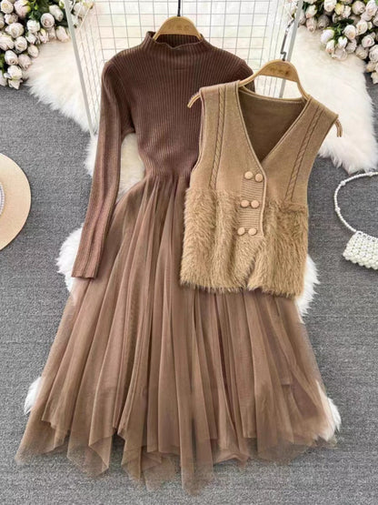 Women's Dress Set – Knitted Top – A-line Tulle Skirt – Sleeveless Vest