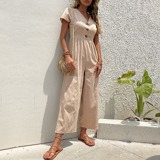 Women's jumpsuit – linen blend – relaxed fit – short sleeve – wide legs – full length