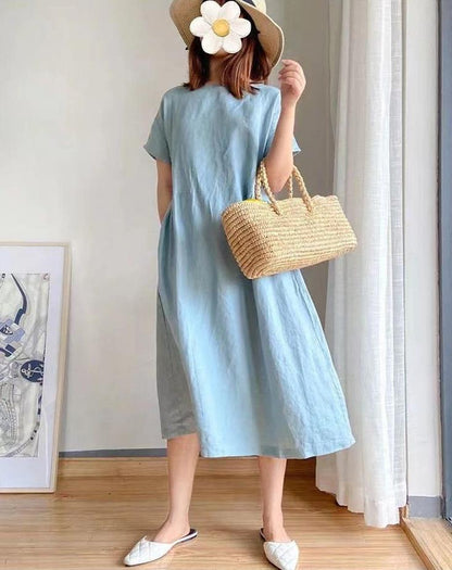 Women's Midi Dress – Light Fabric – Loose Fit – Short Sleeve – Simple Design
