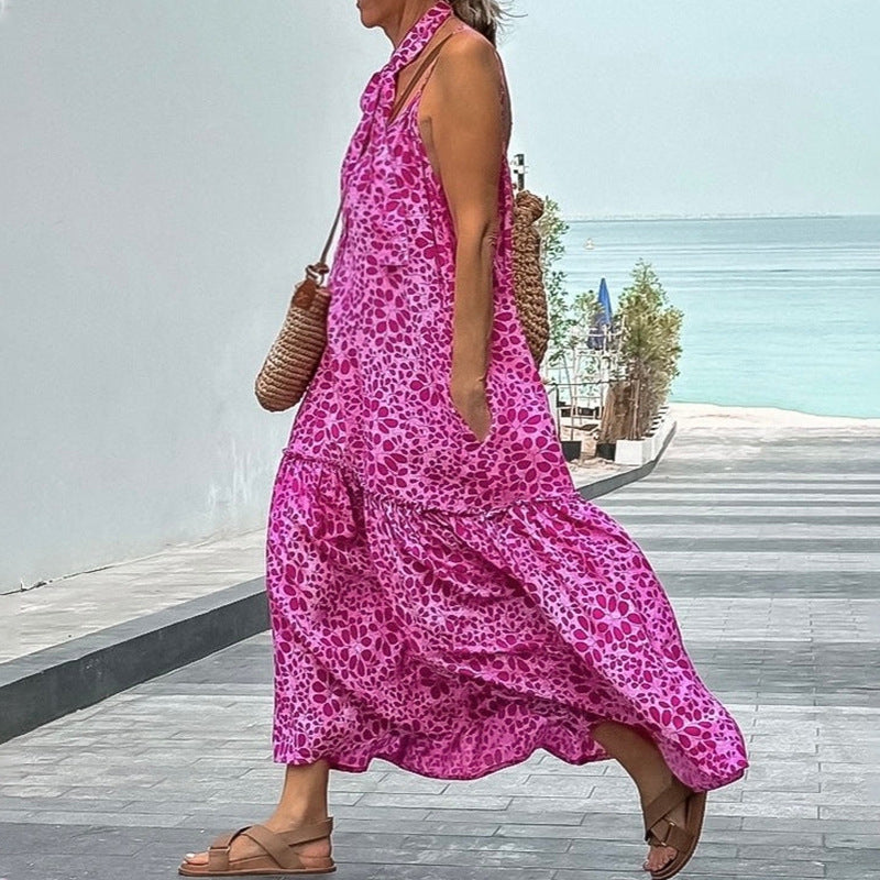 Dress woman – Sleeveless V-neck – Relaxed fit – Midi dress with ruffles and tie belt