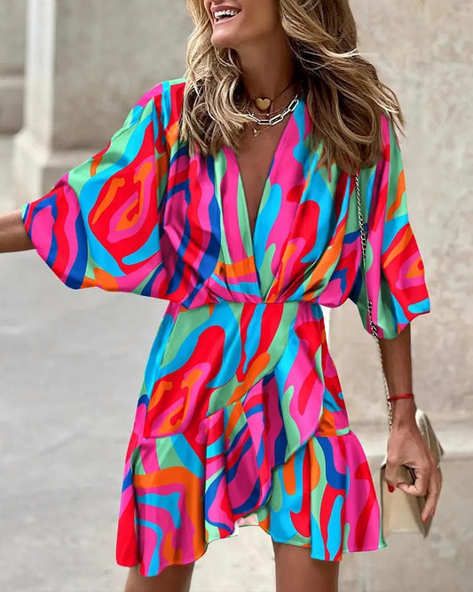 Women's A-line Dress – V-neck – Batwing Sleeves – Uneven Hem – Relaxed Fit