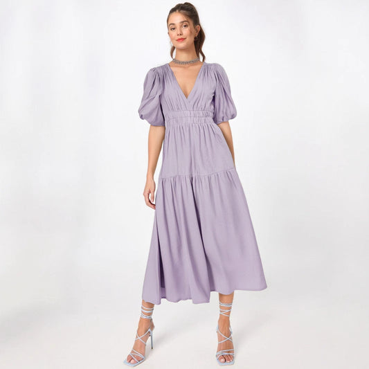 Dress for Women – Midi Length – Deep V-Neck – Puff Sleeves – Fitted Waist – Layered Skirt