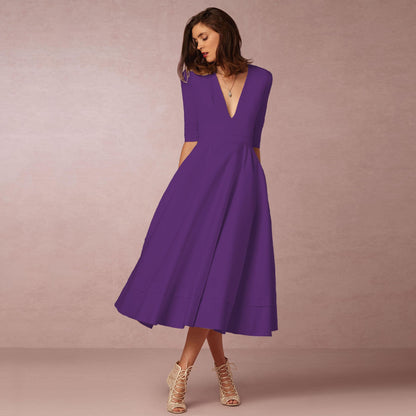 Dress for Women – Satin-like Fabric – Fitted Bodice – A-line – V-neck – Midi – Elbow-length Sleeves