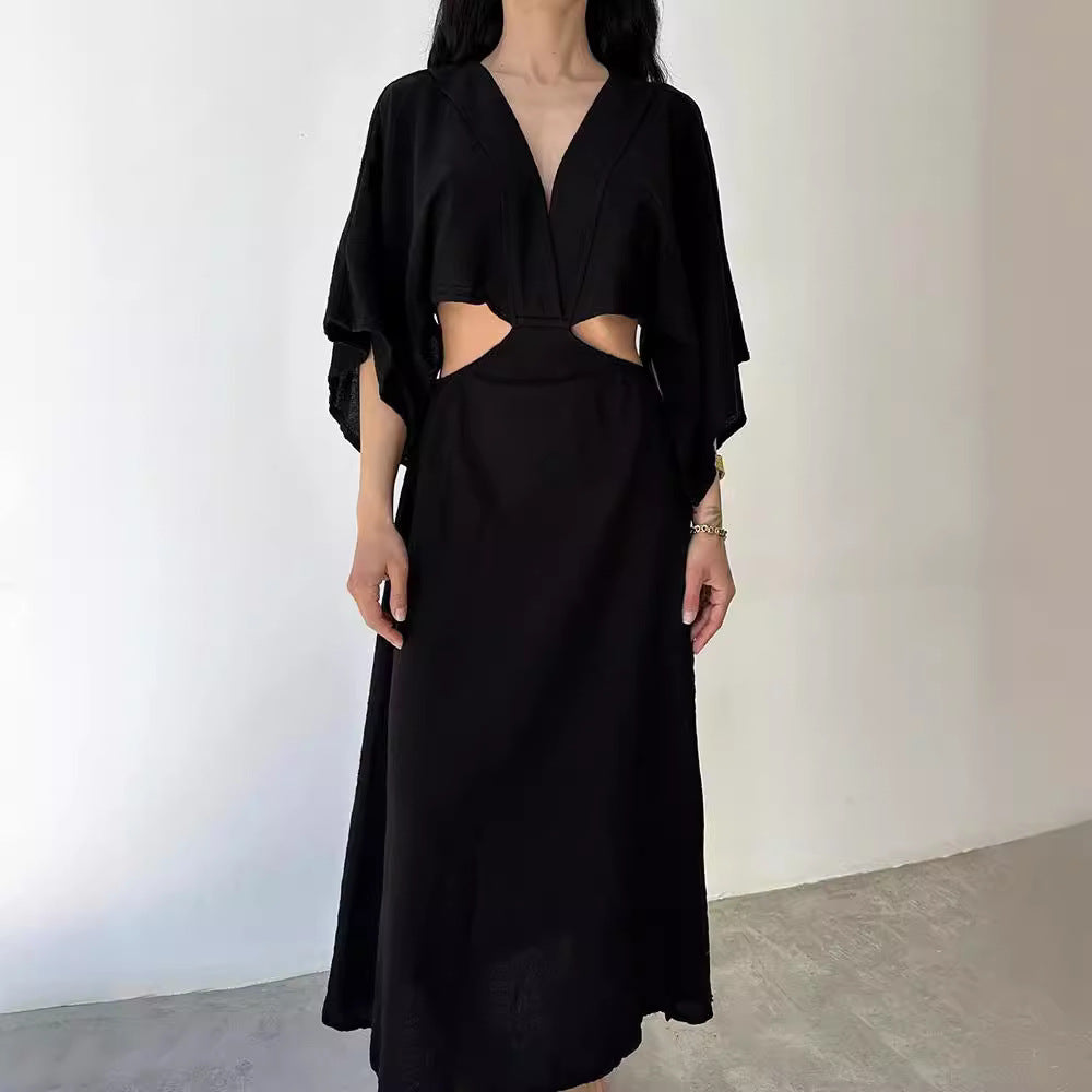 Women's Maxi Dress – Slim Fit – V-Neck – Linen-Cotton Blend – High Slit – Waist Cut-Out