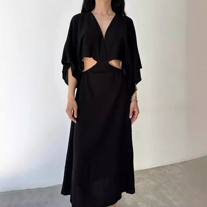 Women's Maxi Dress – Slim Fit – V-Neck – Linen-Cotton Blend – High Slit – Waist Cut-Out
