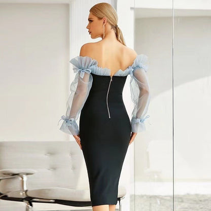 Dress for Women – Bodycon Fit – Midi Length – Off Shoulder – Ruffled Sleeves – V-Neckline