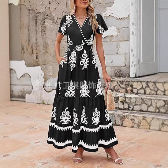 Dress women maxi – V-neckline – Floral print – Short sleeve – A-line tiered fit