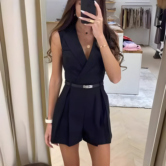Women's Jumpsuit – Sleeveless – Tailored Fit – Deep V-Neck – Belt – Soft Fabric