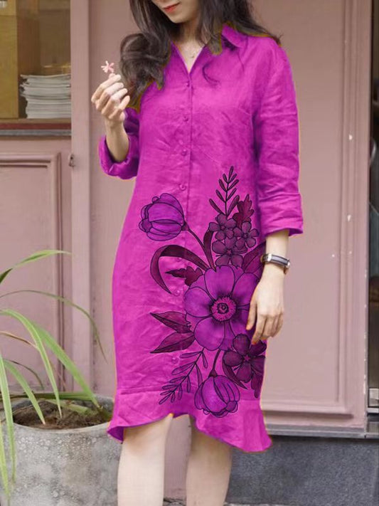 Women's Shirt Dress – Relaxed Fit – Cotton Feel – Buttons – Knee Length – Floral Print
