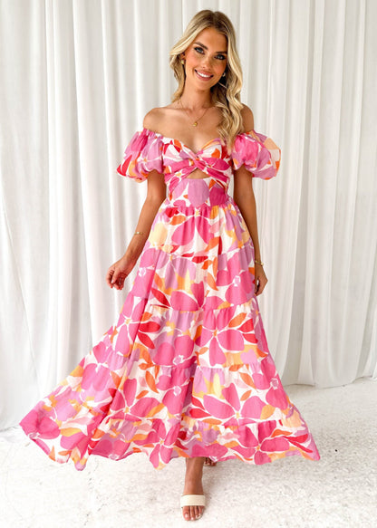 Dress woman – Maxi – Flared fit – Puff sleeves – Cut-out waist – Patterned tiered skirt