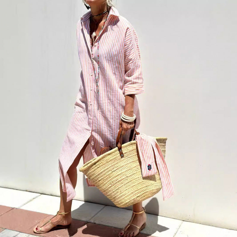 Women's Shirt Dress – Relaxed Fit – Vertical Stripes – Knee-Length with Buttons