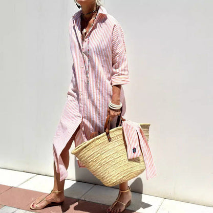 Women's Shirt Dress – Relaxed Fit – Vertical Stripes – Knee-Length with Buttons