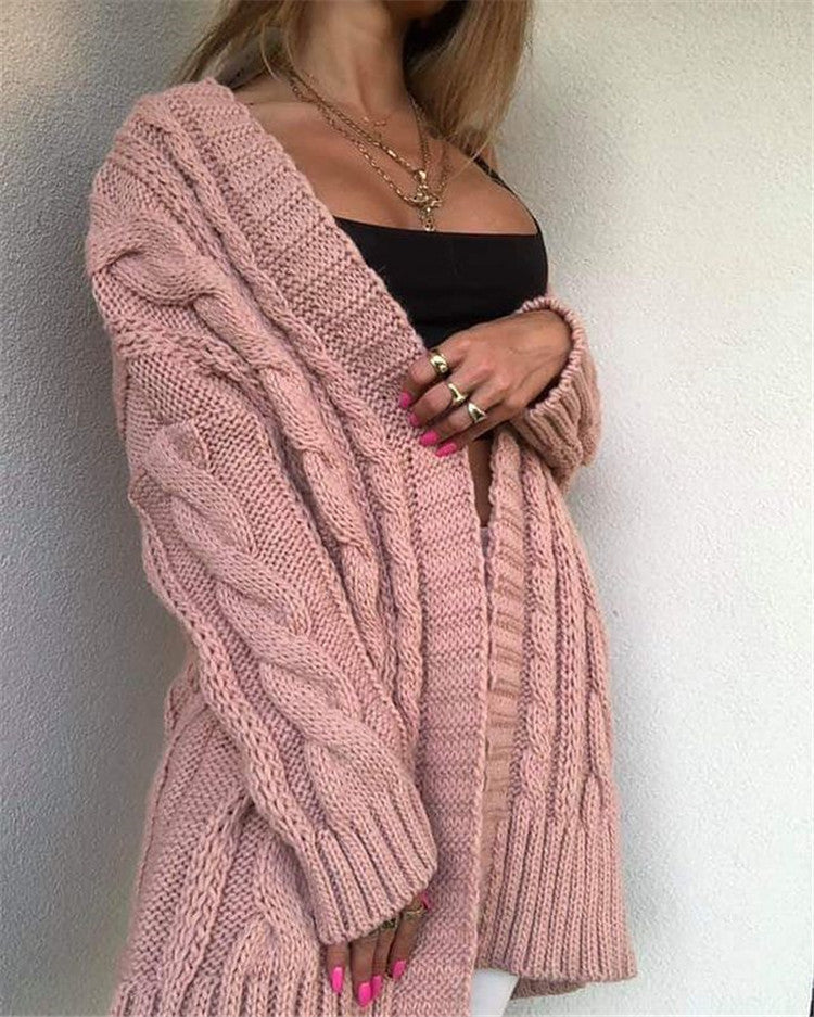 Women's Sweater – Wool Blend – Oversized Fit – Cable Knit – V-Neck – Long Sleeves