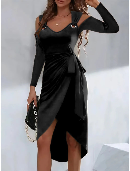 Dress for Women – Slim Fit – V-Neckline – Shoulder Openings – Waistband – Asymmetric Hem