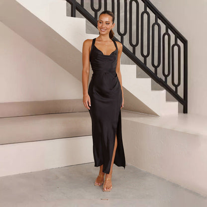 Dress for Women – Satin – Slim Fit – Cowl Neckline – Long with Slit
