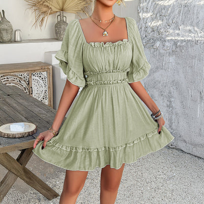 Dress woman – Mini dress – Smocked bodice – Ruffle edges – Short-sleeved – A-line