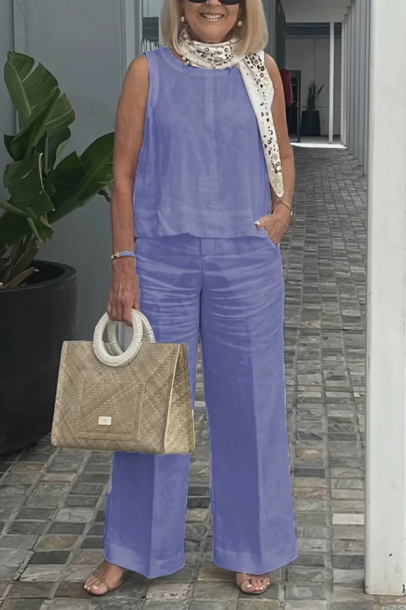 Women's Set Without Sleeves – Linen Cotton – Relaxed Fit – Wide Trousers with Pockets