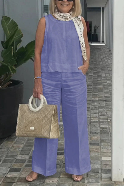Women's Set Without Sleeves – Linen Cotton – Relaxed Fit – Wide Trousers with Pockets