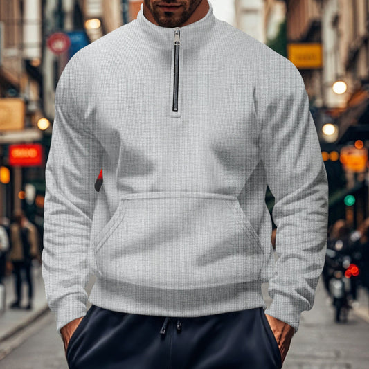 Men's Sweater – Relaxed Fit – Half Zip – Kangaroo Pocket – Ribbed Edges – Cotton Knit