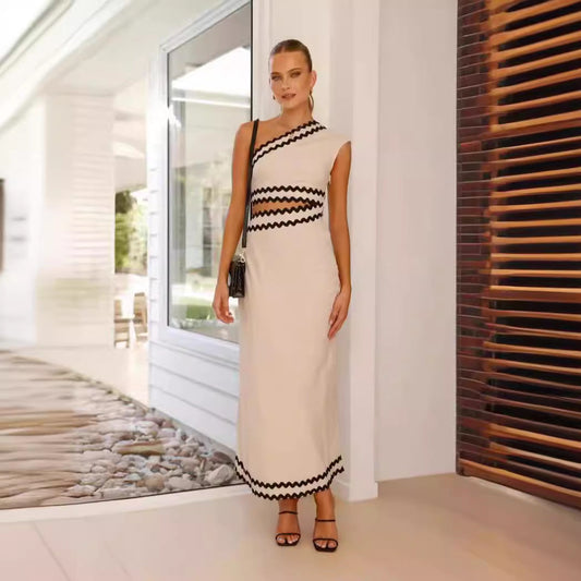 Dress woman maxi – tight fit – asymmetrical shoulder – decorative edge
