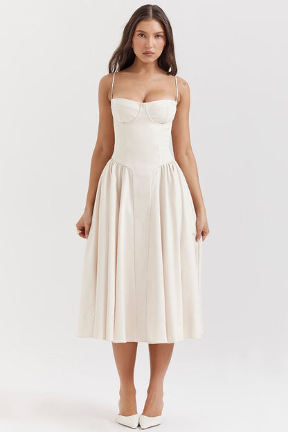 Dress for Women – Midi Length – Slim Top – Spaghetti Straps – Pleated Skirt