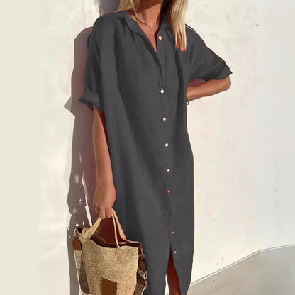 Women's Shirt Dress – Cotton Linen Blend – Relaxed Fit – Knee Length – Short Sleeved