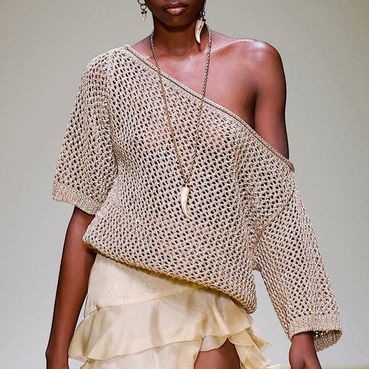 Women's Sweater – Off Shoulder Knit – Open Knit – Relaxed Fit – Light Pullover