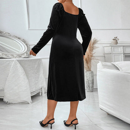 Dress woman midi – Figure-hugging fit – Velvet feel – Long sleeve – High slit – Square neckline