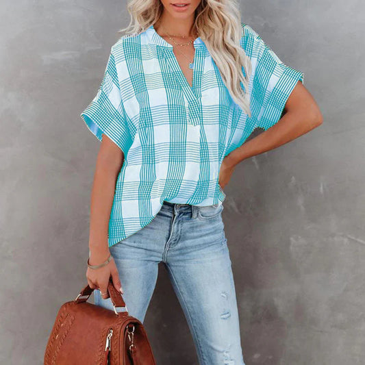 Women's Blouse – Relaxed Fit – Check Pattern – Light Cotton – Short Sleeves