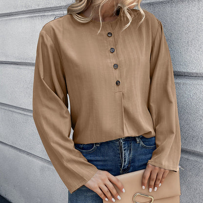 Women's Long Sleeve Shirt – Loose Fit – Cotton – Collarless – Casual Style