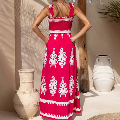 Dress woman – cotton – A-line fit – ruched bodice – embroidered – ankle-length