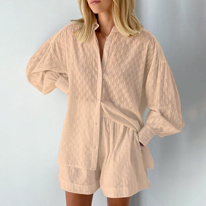 Women's set with blouse and shorts – Jacquard fabric – Relaxed fit – Puff sleeves