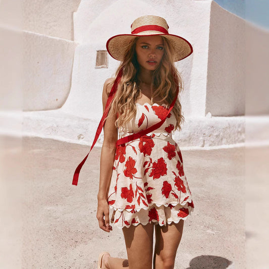 Women's Set – Linen-like Fabric – Relaxed Fit – Floral Pattern – Lace Trim
