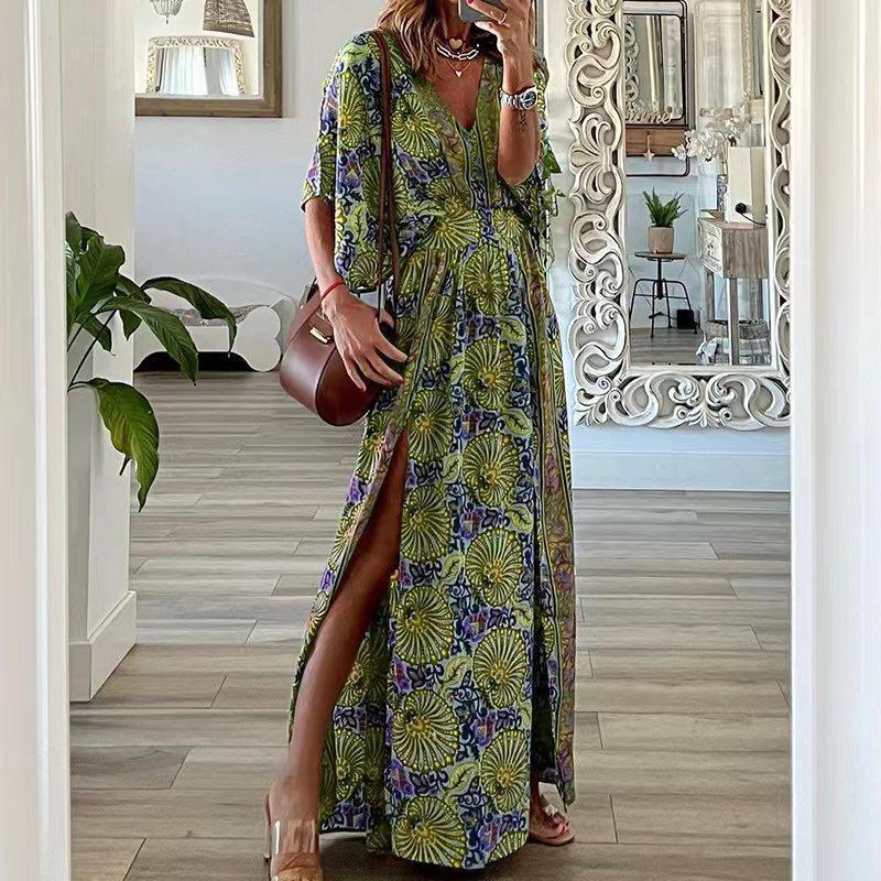 Dress woman – Bohemian pattern – V-neck – Relaxed fit – Short sleeve – Side slit