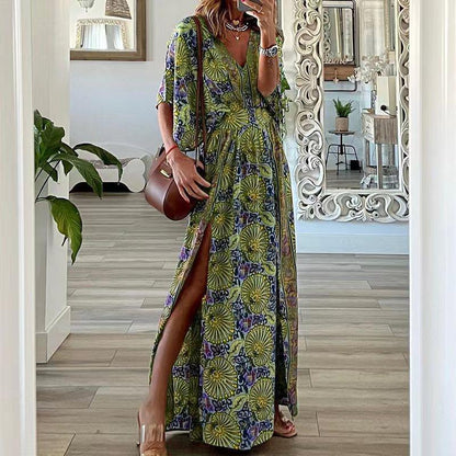 Dress woman – Bohemian pattern – V-neck – Relaxed fit – Short sleeve – Side slit