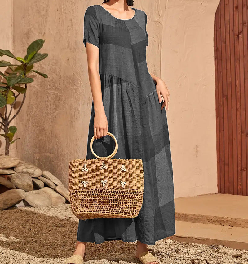 Dress for Women – Long A-line – Checkered – Short-sleeved – Loose Fit – Cotton
