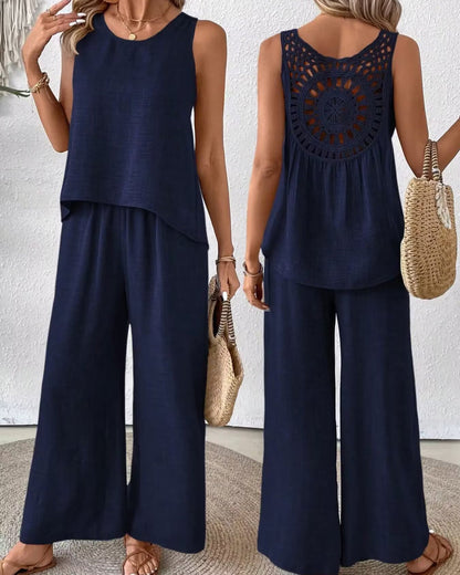 Women's Two-piece Set – Linen Blend – Sleeveless Top with Crochet Details – Wide Pants