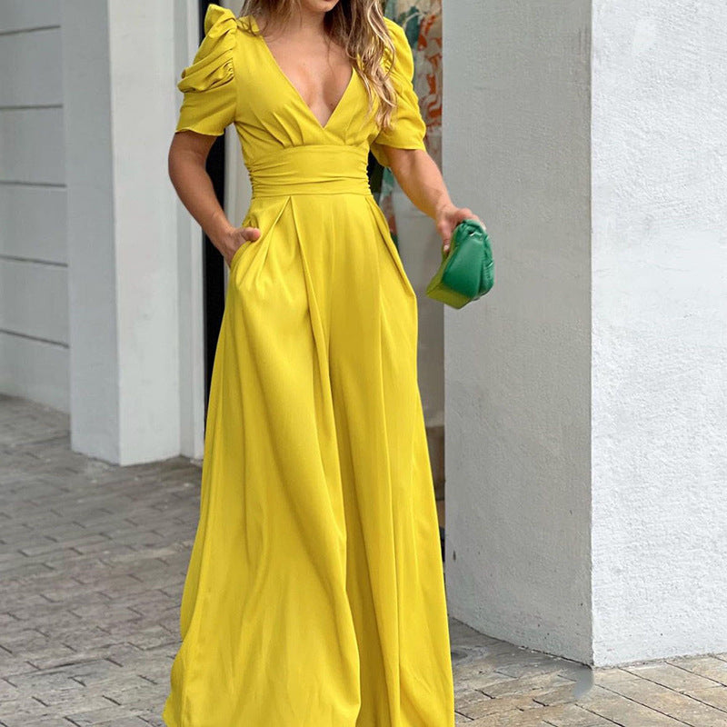 Women's Jumpsuit – Wide Legs – Puff Sleeves – Deep V-neck – Fitted Waist – Elegant Cut