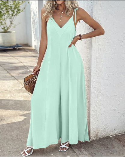 Women's Jumpsuit – V-neck – Spaghetti Straps – Wide Legs – Relaxed Fit – Defined Waist