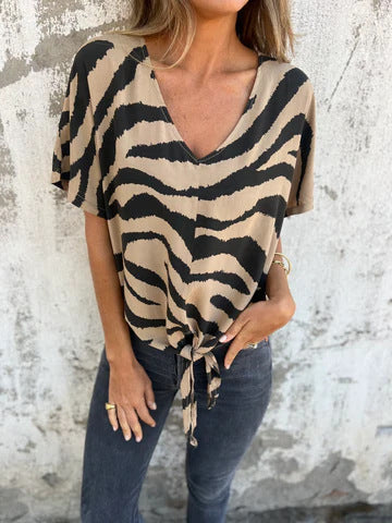 Women's Short Sleeve Top – Zebra Pattern – V-neck – Knot Detail – Relaxed Fit