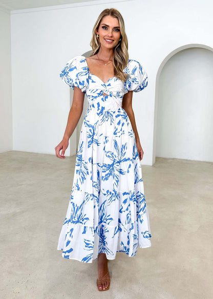 Dress woman – Maxi – Flared fit – Puff sleeves – Cut-out waist – Patterned tiered skirt